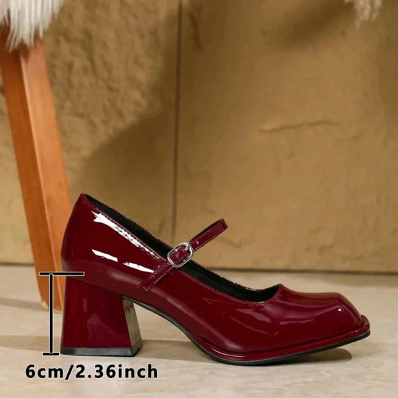 Chunky Heeled Mary Jane Shoes, Round Toe Red/Burgundy - Picture 6 of 7
